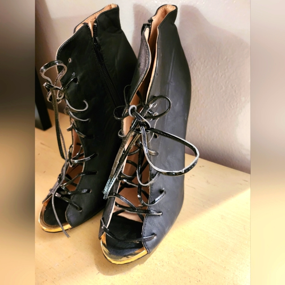 Lace-up Front Black Stiletto With Gold Accent Toe
